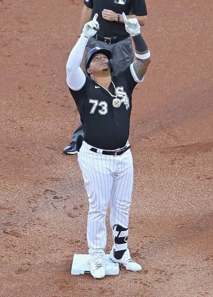 Yermin Mercedes of the Chicago White Sox celebrates his double in the 1st inning against the Toronto Blue Jays at Guaranteed Rate Field on June 10,...