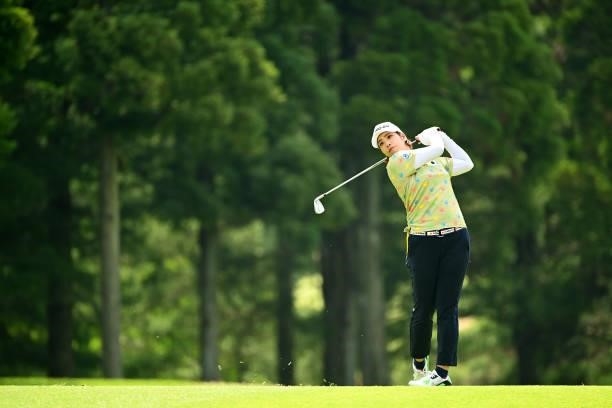Mayu Hamada of Japan hits her second shot on the 13th hole during the second round of the Ai Miyazato Suntory Ladies Open at Rokko Kokusai Golf Club...
