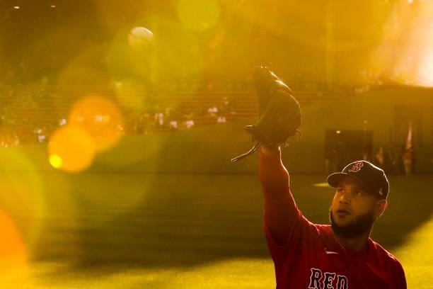 Eduardo Rodriguez of the Boston Red Sox warms up in the bullpen before a game against the Houston Astros at Fenway Park on June 10, 2021 in Boston,...