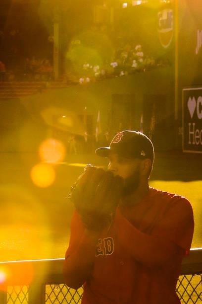 Eduardo Rodriguez of the Boston Red Sox warms up in the bullpen before a game against the Houston Astros at Fenway Park on June 10, 2021 in Boston,...