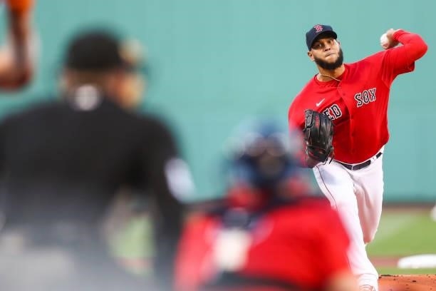 Eduardo Rodriguez of the Boston Red Sox pitches in the first inning of a game against the Houston Astros at Fenway Park on June 10, 2021 in Boston,...