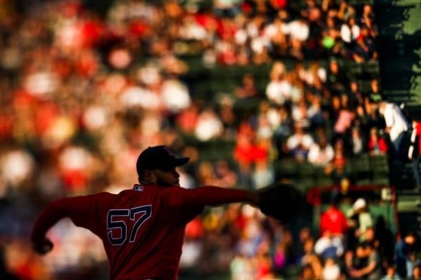 Eduardo Rodriguez of the Boston Red Sox pitches in the first inning of a game against the Houston Astros at Fenway Park on June 10, 2021 in Boston,...