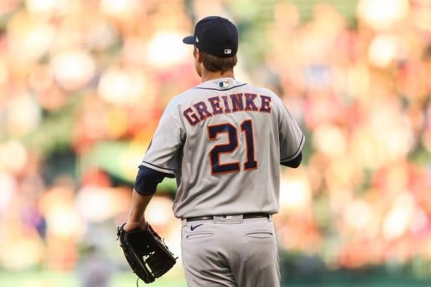 Zack Greinke of the Houston Astros looks on in the first inning of a game against the Boston Red Sox at Fenway Park on June 10, 2021 in Boston,...