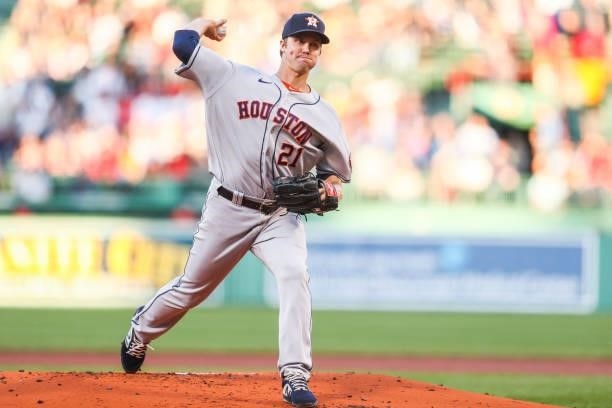 Zack Greinke of the Houston Astros pitches in the first inning of a game against the Boston Red Sox at Fenway Park on June 10, 2021 in Boston,...