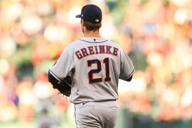 Zack Greinke of the Houston Astros looks on in the first inning of a game against the Boston Red Sox at Fenway Park on June 10, 2021 in Boston,...