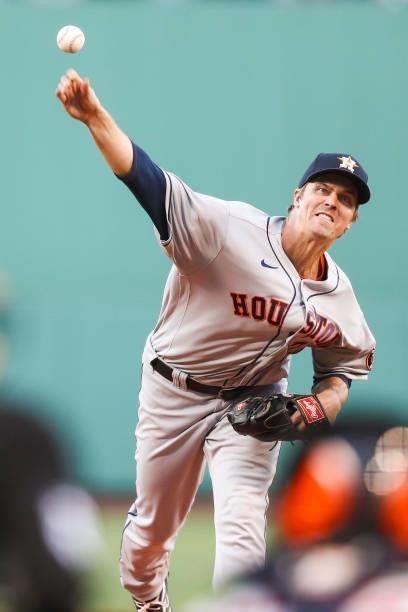 Zack Greinke of the Houston Astros pitches in the first inning of a game against the Boston Red Sox at Fenway Park on June 10, 2021 in Boston,...