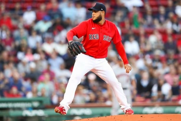 Eduardo Rodriguez of the Boston Red Sox pitches in the second inning of a game against the Houston Astros at Fenway Park on June 10, 2021 in Boston,...