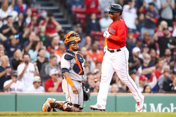 Rafael Devers of the Boston Red Sox after scoring in the second inning of a game against the Houston Astros at Fenway Park on June 10, 2021 in...
