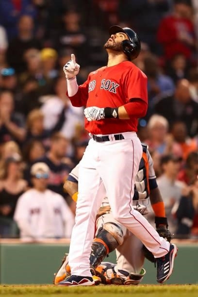 Martinez of the Boston Red Sox reacts as he crosses home plate after hitting a solo home run in the third inning of a game against the Houston Astros...