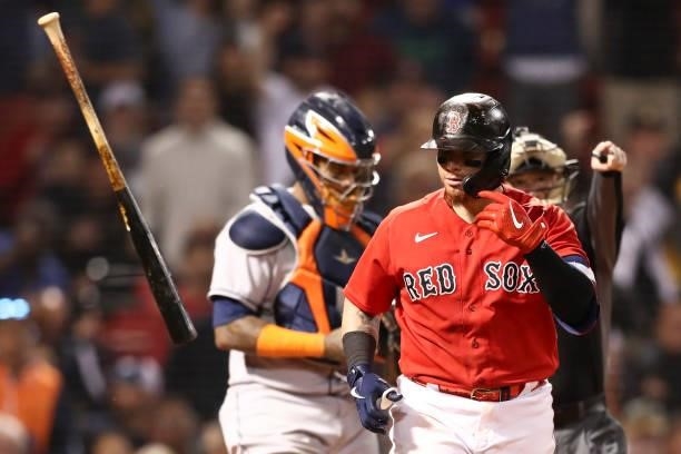 Christian Vazquez of the Boston Red Sox is walked forcing a run to score in the sixth inning of a game against the Houston Astros at Fenway Park on...