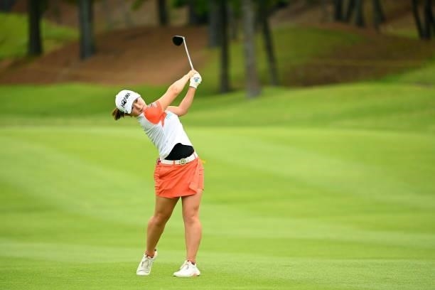 Momo Yoshikawa of Japan hits her second shot on the 12th hole during the second round of the Ai Miyazato Suntory Ladies Open at Rokko Kokusai Golf...