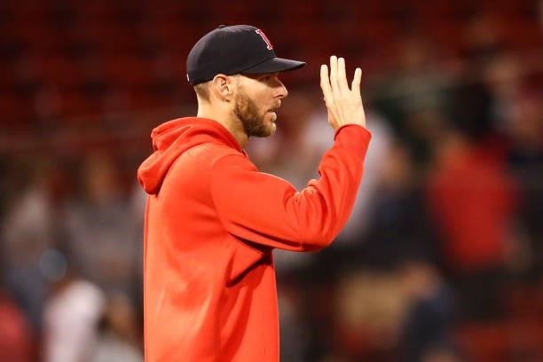 Chris Sale of the Boston Red Sox looks on after a win over the Houston Astros at Fenway Park on June 10, 2021 in Boston, Massachusetts.