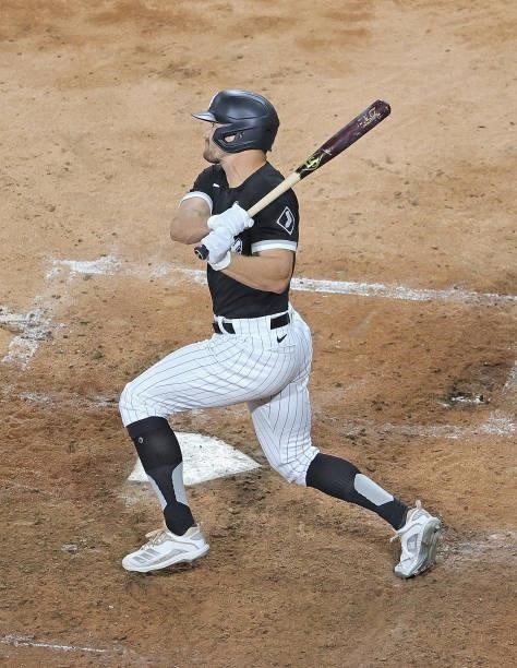 Adam Engel of the Chicago White Sox hits his first home run of the season, a solo shot in the 7th inning, against the Toronto Blue Jays at Guaranteed...