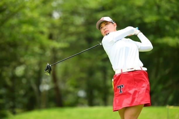 Yuri Yoshida of Japan hits her tee shot on the 9th hole during the second round of the Ai Miyazato Suntory Ladies Open at Rokko Kokusai Golf Club on...