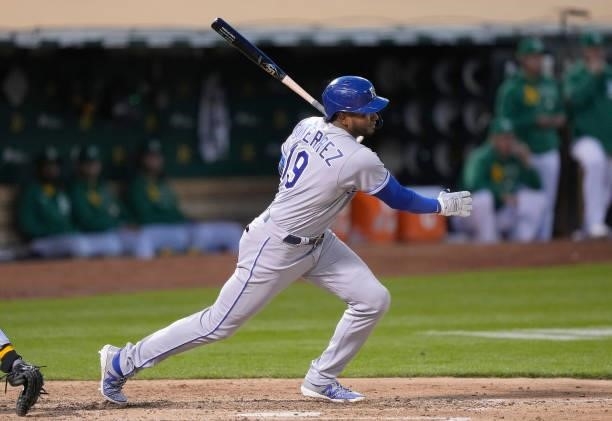Kelvin Gutierrez of the Kansas City Royals hits a two-run RBI single against the Oakland Athletics in the top of the seventh inning at RingCentral...