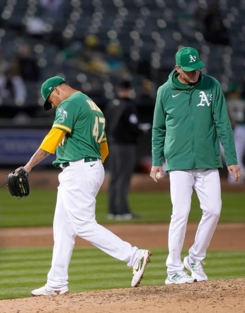 Pitcher Frankie Montas of the Oakland Athletics walks back to the dugout after manager Bob Melvin removes him from the game against the Kansas City...