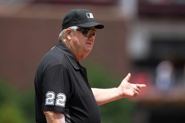 Umpire Joe West looks on during the game between the Atlanta Braves and Philadelphia Phillies at Citizens Bank Park on June 10, 2021 in Philadelphia,...