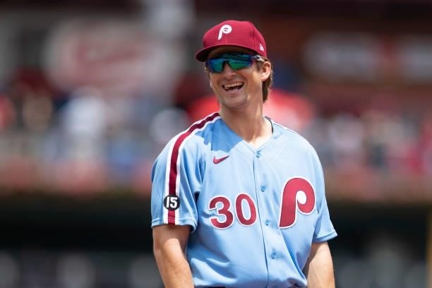 Luke Williams of the Philadelphia Phillies smiles against the Atlanta Braves at Citizens Bank Park on June 10, 2021 in Philadelphia, Pennsylvania....