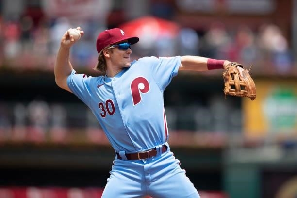 Luke Williams of the Philadelphia Phillies throws the ball to first base against the Atlanta Braves at Citizens Bank Park on June 10, 2021 in...