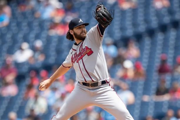 Ian Anderson of the Atlanta Braves throws a pitch against the Philadelphia Phillies at Citizens Bank Park on June 10, 2021 in Philadelphia,...