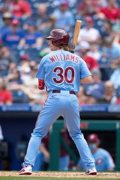 Luke Williams of the Philadelphia Phillies bats against the Atlanta Braves at Citizens Bank Park on June 10, 2021 in Philadelphia, Pennsylvania. The...