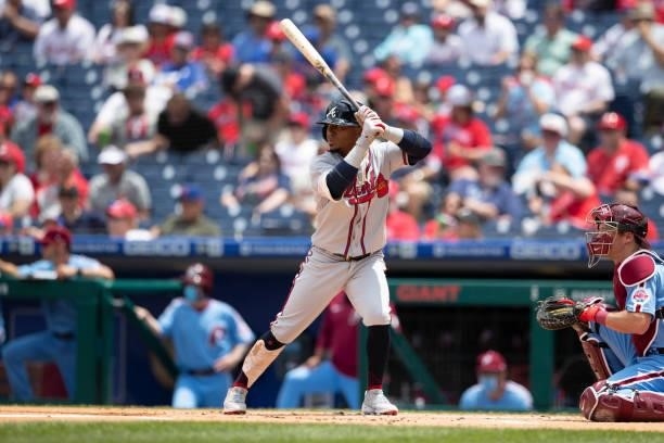 Ozzie Albies of the Atlanta Braves bats against the Philadelphia Phillies at Citizens Bank Park on June 10, 2021 in Philadelphia, Pennsylvania. The...