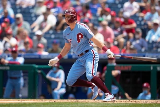 Rhys Hoskins of the Philadelphia Phillies bats against the Atlanta Braves at Citizens Bank Park on June 10, 2021 in Philadelphia, Pennsylvania. The...