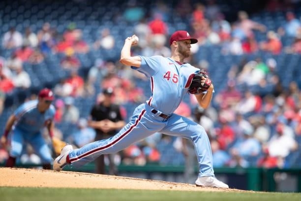 Zack Wheeler of the Philadelphia Phillies throws a pitch against the Atlanta Braves at Citizens Bank Park on June 10, 2021 in Philadelphia,...