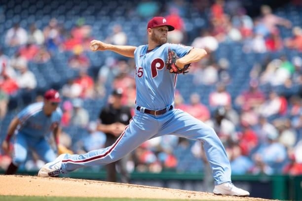 Zack Wheeler of the Philadelphia Phillies throws a pitch against the Atlanta Braves at Citizens Bank Park on June 10, 2021 in Philadelphia,...