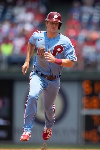 Luke Williams of the Philadelphia Phillies runs to third base against the Atlanta Braves at Citizens Bank Park on June 10, 2021 in Philadelphia,...