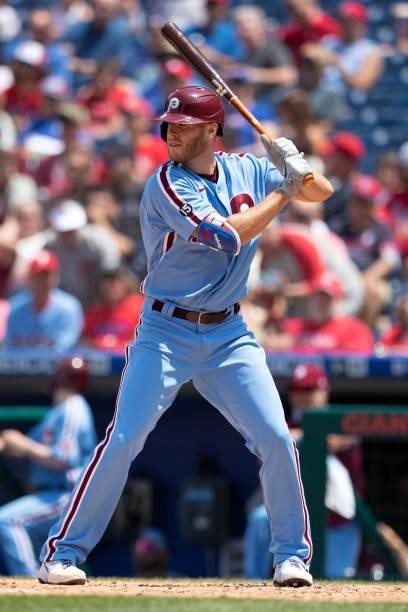 Zack Wheeler of the Philadelphia Phillies bats against the Atlanta Braves at Citizens Bank Park on June 10, 2021 in Philadelphia, Pennsylvania. The...