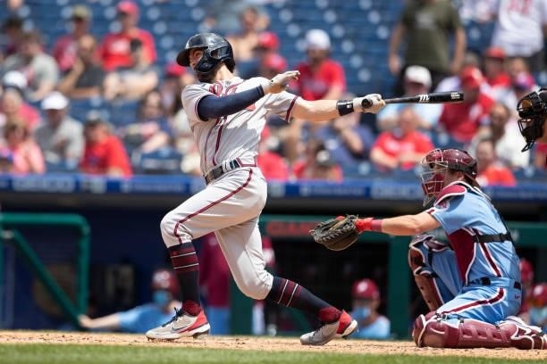 Dansby Swanson of the Atlanta Braves bats against the Philadelphia Phillies at Citizens Bank Park on June 10, 2021 in Philadelphia, Pennsylvania. The...