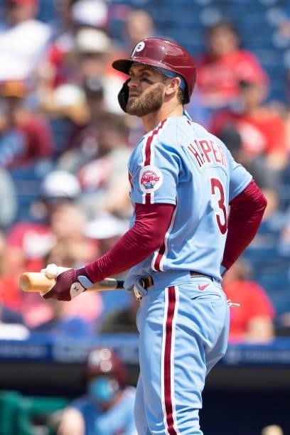Bryce Harper of the Philadelphia Phillies looks on against the Atlanta Braves at Citizens Bank Park on June 10, 2021 in Philadelphia, Pennsylvania....