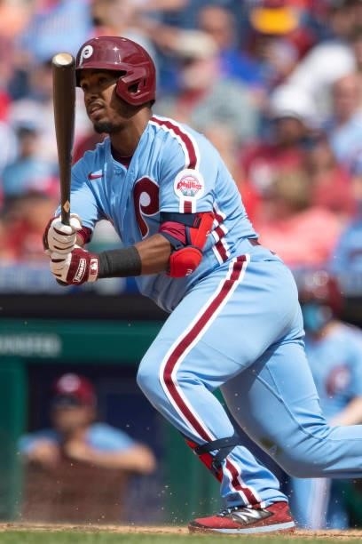 Jean Segura of the Philadelphia Phillies bats against the Atlanta Braves at Citizens Bank Park on June 10, 2021 in Philadelphia, Pennsylvania. The...