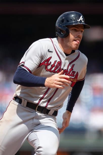 Freddie Freeman of the Atlanta Braves runs to third base against the Philadelphia Phillies at Citizens Bank Park on June 10, 2021 in Philadelphia,...