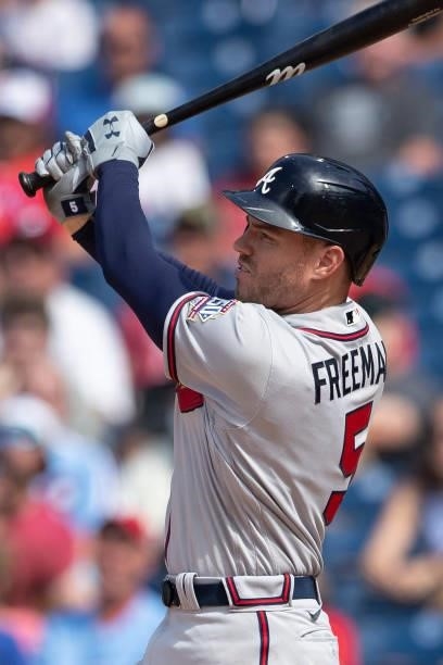 Freddie Freeman of the Atlanta Braves hits a solo home run in the top of the ninth inning against the Philadelphia Phillies at Citizens Bank Park on...