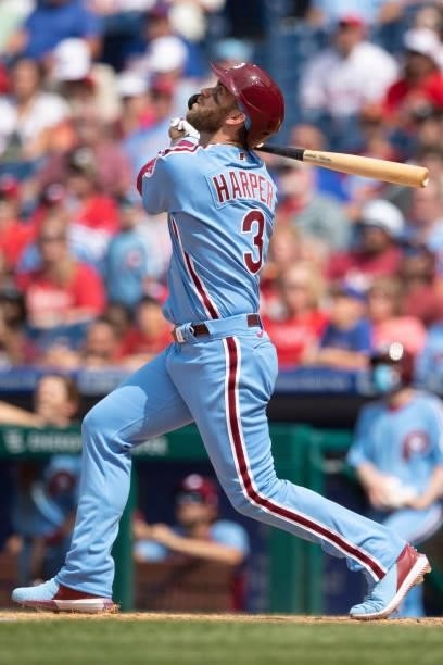 Bryce Harper of the Philadelphia Phillies bats against the Atlanta Braves at Citizens Bank Park on June 10, 2021 in Philadelphia, Pennsylvania. The...