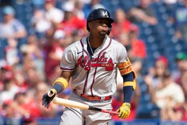 Ronald Acuna Jr. #13 of the Atlanta Braves reacts against the Philadelphia Phillies at Citizens Bank Park on June 10, 2021 in Philadelphia,...