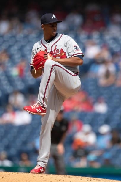 Edgar Santana of the Atlanta Braves throws a pitch against the Philadelphia Phillies at Citizens Bank Park on June 10, 2021 in Philadelphia,...