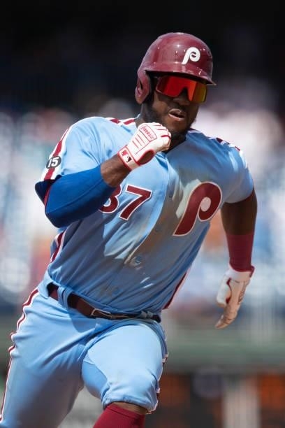 Odubel Herrera of the Philadelphia Phillies runs to third base against the Atlanta Braves at Citizens Bank Park on June 10, 2021 in Philadelphia,...