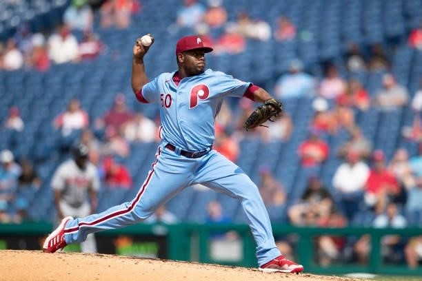 Hector Neris of the Philadelphia Phillies throws a pitch against the Atlanta Braves at Citizens Bank Park on June 10, 2021 in Philadelphia,...