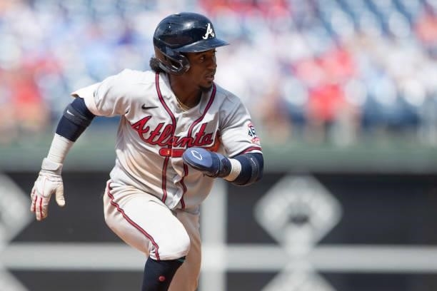 Ozzie Albies of the Atlanta Braves runs to third base against the Philadelphia Phillies at Citizens Bank Park on June 10, 2021 in Philadelphia,...