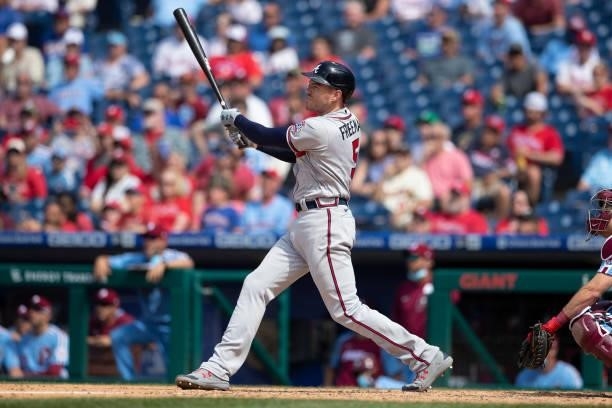 Freddie Freeman of the Atlanta Braves hits a solo home run in the top of the ninth inning against the Philadelphia Phillies at Citizens Bank Park on...