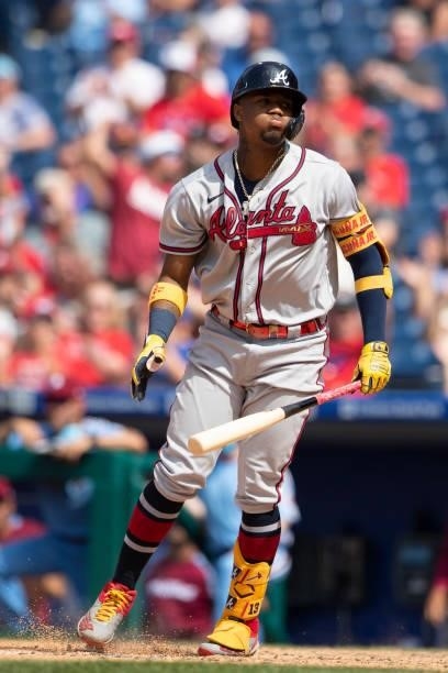 Ronald Acuna Jr. #13 of the Atlanta Braves reacts against the Philadelphia Phillies at Citizens Bank Park on June 10, 2021 in Philadelphia,...