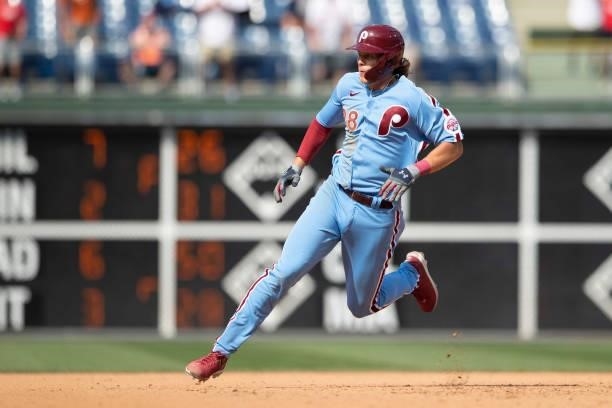 Alec Bohm of the Philadelphia Phillies runs to third base against the Atlanta Braves at Citizens Bank Park on June 10, 2021 in Philadelphia,...