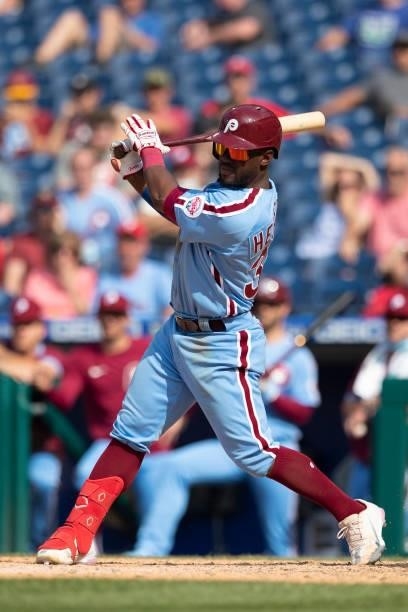 Odubel Herrera of the Philadelphia Phillies bats against the Atlanta Braves at Citizens Bank Park on June 10, 2021 in Philadelphia, Pennsylvania. The...