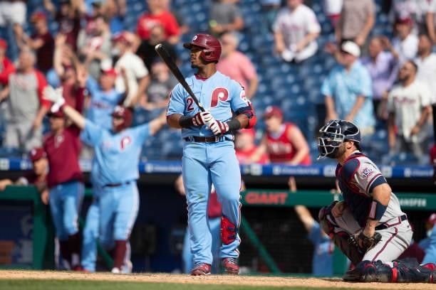 Jean Segura of the Philadelphia Phillies hits a walk-off two RBI single in the bottom of the tenth inning against the Atlanta Braves at Citizens Bank...