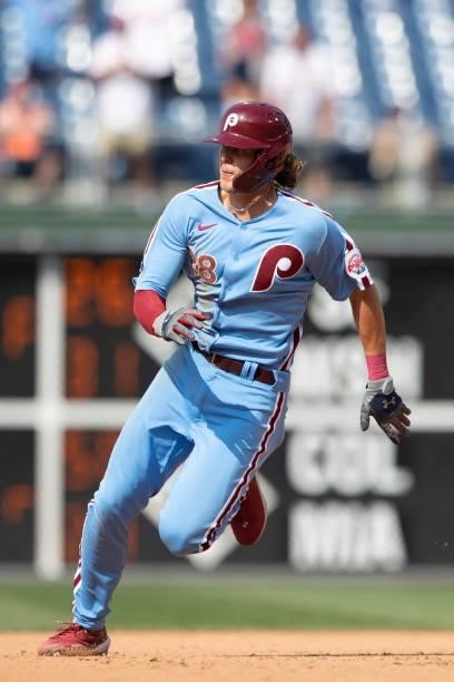 Alec Bohm of the Philadelphia Phillies runs to third base against the Atlanta Braves at Citizens Bank Park on June 10, 2021 in Philadelphia,...