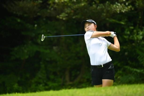 Haruka Morita of Japan hits her tee shot on the 8th hole during the second round of the Ai Miyazato Suntory Ladies Open at Rokko Kokusai Golf Club on...