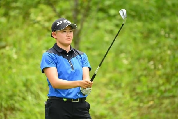 Amateur Akie Iwai of Japan is seen before her tee shot on the 6th hole during the second round of the Ai Miyazato Suntory Ladies Open at Rokko...